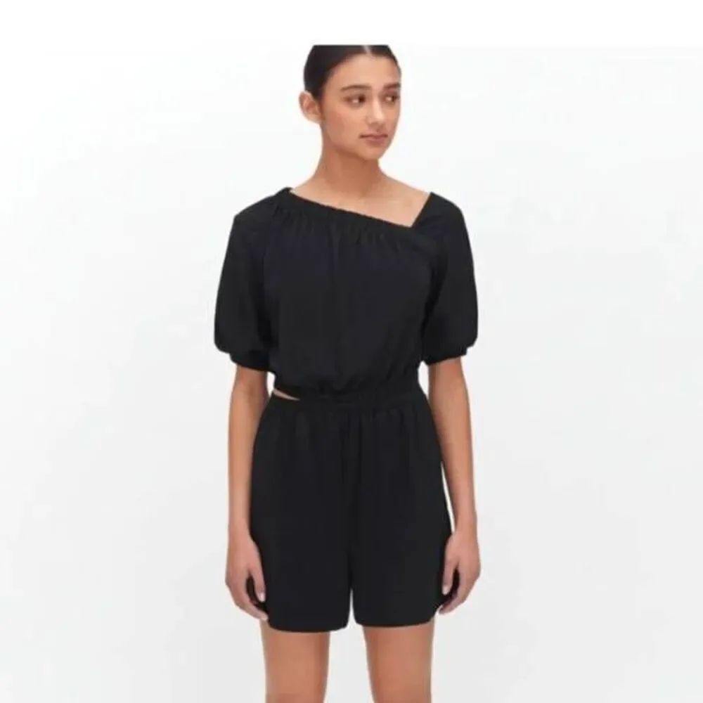 Cuyana Gathered Front Black Pima Cotton Cutout Off Shoulder Romper Jumpsuit Sz s